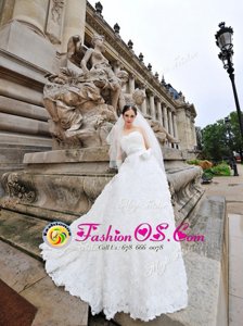 New Arrival Sleeveless Lace and Fabric With Rolling Flowers With Brush Train Lace Up Wedding Gown in White for with Lace