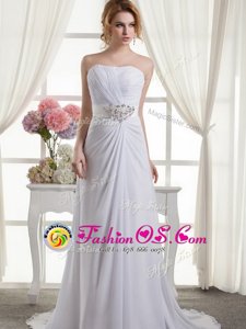 White Sleeveless Chiffon Sweep Train Lace Up Wedding Dresses for Wedding Party