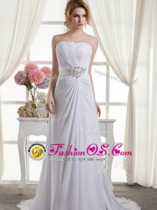 White Sleeveless Chiffon Sweep Train Lace Up Wedding Dresses for Wedding Party