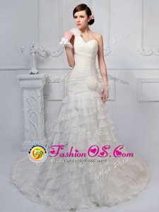 Beautiful White One Shoulder Lace Up Ruffled Layers and Ruching and Hand Made Flower Wedding Dresses Brush Train Sleeveless