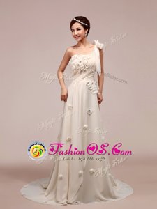 Luxurious White Wedding Dresses Wedding Party and For with Ruching and Hand Made Flower One Shoulder Sleeveless Brush Train Lace Up