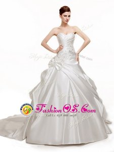 Elegant White A-line Satin Sweetheart Sleeveless Beading and Pick Ups With Train Lace Up Bridal Gown Chapel Train