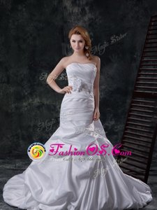 Beading and Appliques and Belt Wedding Dresses White Lace Up Sleeveless With Train Court Train
