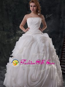 White Sleeveless With Train Ruching Lace Up Wedding Dresses