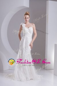 Mermaid One Shoulder Lace and Appliques Wedding Gown White Zipper Sleeveless Brush Train