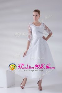 Hot Sale A-line Wedding Dresses White Scoop Tulle and Lace Sleeveless Ankle Length Lace Up