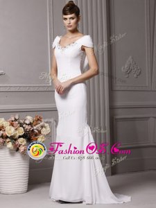 Mermaid V-neck Cap Sleeves Wedding Gown With Brush Train Beading and Hand Made Flower White Chiffon
