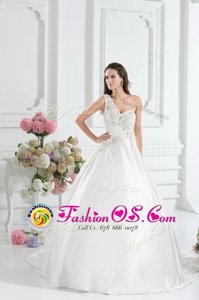 White Satin Lace Up One Shoulder Sleeveless With Train Bridal Gown Brush Train Beading and Appliques and Hand Made Flower