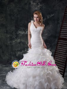 Customized Mermaid One Shoulder Ruffled White Organza Lace Up Bridal Gown Sleeveless With Brush Train Ruffles and Ruching and Hand Made Flower