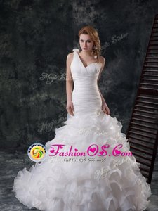 Customized Mermaid One Shoulder Ruffled White Organza Lace Up Bridal Gown Sleeveless With Brush Train Ruffles and Ruching and Hand Made Flower