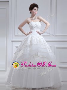 Ruffled Floor Length White Bridal Gown Strapless Sleeveless Lace Up