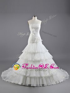 Organza Strapless Sleeveless Brush Train Lace Up Ruffled Layers and Hand Made Flower Wedding Dresses in White