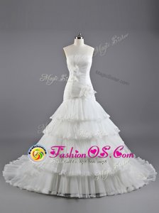Organza Strapless Sleeveless Brush Train Lace Up Ruffled Layers and Hand Made Flower Wedding Dresses in White