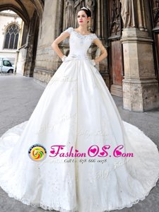 White Off The Shoulder Neckline Beading and Lace and Appliques Wedding Gowns Cap Sleeves Side Zipper