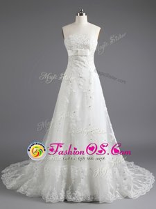 With Train Column/Sheath Sleeveless White Wedding Dresses Court Train Lace Up