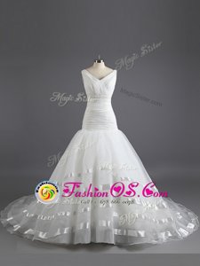 White Organza Lace Up Wedding Dresses Sleeveless With Train Court Train Ruching