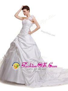 Fancy With Train White Wedding Dresses Taffeta Court Train Sleeveless Ruching and Pick Ups