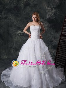White Lace Up Straps Lace and Appliques Wedding Gowns Lace Sleeveless Brush Train