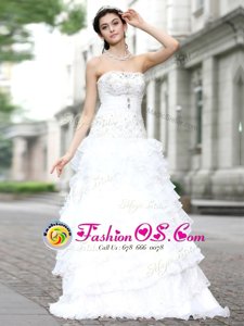 Dramatic Sleeveless Organza Floor Length Lace Up Wedding Dresses in White for with Beading and Ruffles and Ruffled Layers