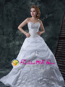 White Column/Sheath Sweetheart Sleeveless Taffeta With Brush Train Lace Up Beading and Embroidery Wedding Dress