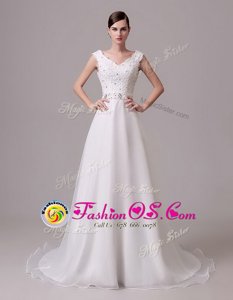 Amazing White Clasp Handle V-neck Beading and Sashes|ribbons Wedding Gowns Organza and Lace Sleeveless Brush Train