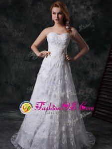 Vintage Lace Sweetheart Sleeveless Sweep Train Zipper Beading and Lace Wedding Gown in White
