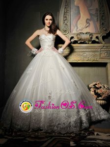 Deluxe A-line Wedding Gowns White Strapless Tulle Sleeveless Floor Length Lace Up