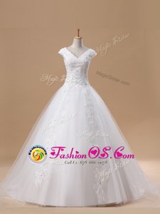 Unique With Train White Wedding Dress Tulle Brush Train Short Sleeves Beading and Appliques