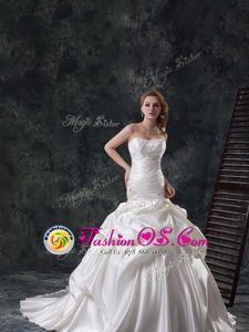Noble Mermaid White Taffeta Lace Up Strapless Sleeveless Bridal Gown Brush Train Beading and Ruching and Pick Ups