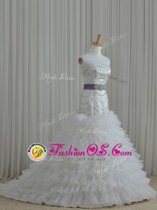 White Wedding Dresses Wedding Party and For with Beading and Ruffles and Belt Strapless Sleeveless Lace Up