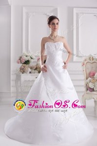 High Class White Satin Zipper Sweetheart Sleeveless With Train Wedding Dresses Brush Train Beading and Appliques