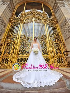 Beautiful White Organza Lace Up Sweetheart Sleeveless With Train Wedding Dresses Brush Train Beading and Lace and Appliques