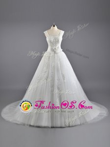 Fitting Lace Wedding Gown White Lace Up Sleeveless Court Train