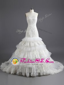 Mermaid Ruffled White Sleeveless Tulle and Lace Court Train Lace Up Wedding Dresses for Wedding Party