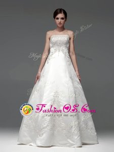 Pretty A-line Wedding Gown White Strapless Satin Sleeveless Floor Length Lace Up