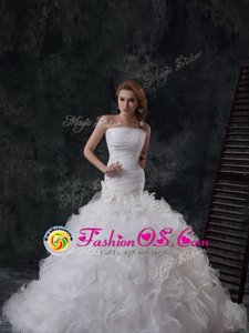 Fine Sleeveless Brush Train Ruffles and Ruching Lace Up Wedding Dresses