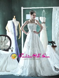 Ideal Strapless Sleeveless Wedding Gown Mini Length Court Train Lace and Appliques White Lace