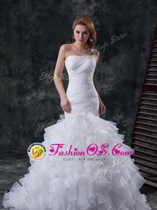 Mermaid White Sleeveless Brush Train Ruffles and Ruching Wedding Gowns