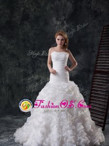 Fabric with Rolling Flowers White Sweetheart Neckline Ruffles and Ruching Wedding Gown Sleeveless Lace Up