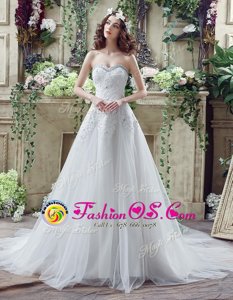 Sleeveless Beading and Ruching Lace Up Bridal Gown with White Sweep Train
