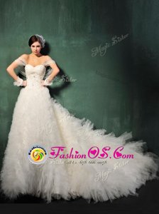 White Sweetheart Backless Beading and Ruffles Wedding Dresses Chapel Train Cap Sleeves