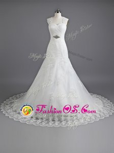 Mermaid Sweetheart Sleeveless Wedding Dresses With Train Chapel Train Beading and Lace White Lace