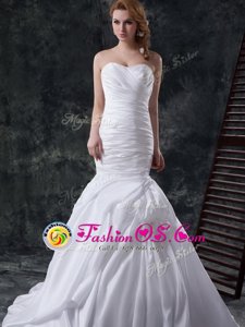Great White Mermaid Ruching and Pick Ups and Hand Made Flower Wedding Gown Lace Up Taffeta Sleeveless With Train