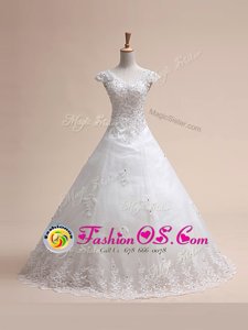 Sleeveless Beading and Appliques and Ruffled Layers Lace Up Wedding Gown with White Brush Train