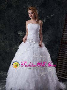 With Train White Wedding Dress Tulle Brush Train Sleeveless Beading and Ruffles and Ruching and Hand Made Flower