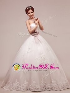 Sequins Tulle and Lace Sleeveless Floor Length Wedding Dresses and Lace and Appliques and Ruching and Belt