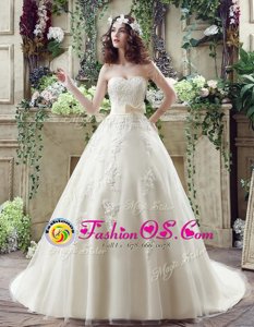 Sleeveless Brush Train Lace Up Lace and Appliques Wedding Dress