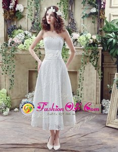 Strapless Sleeveless Bridal Gown Ankle Length Lace and Hand Made Flower White Lace