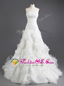 Hot Selling White A-line Organza Strapless Sleeveless Beading and Ruffles With Train Lace Up Wedding Gowns Court Train