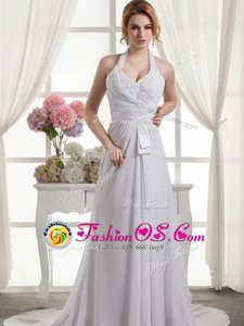 Halter Top White Sleeveless Chiffon Lace Up Wedding Dresses for Wedding Party